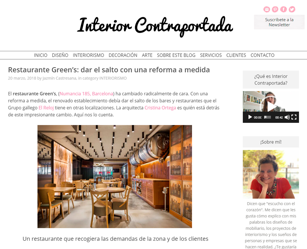 Publicación de reportaje de Restaurante Green’s en el Blog de Interior Contraportada de la periodista Jazmín Castresana. Restaurante Green's